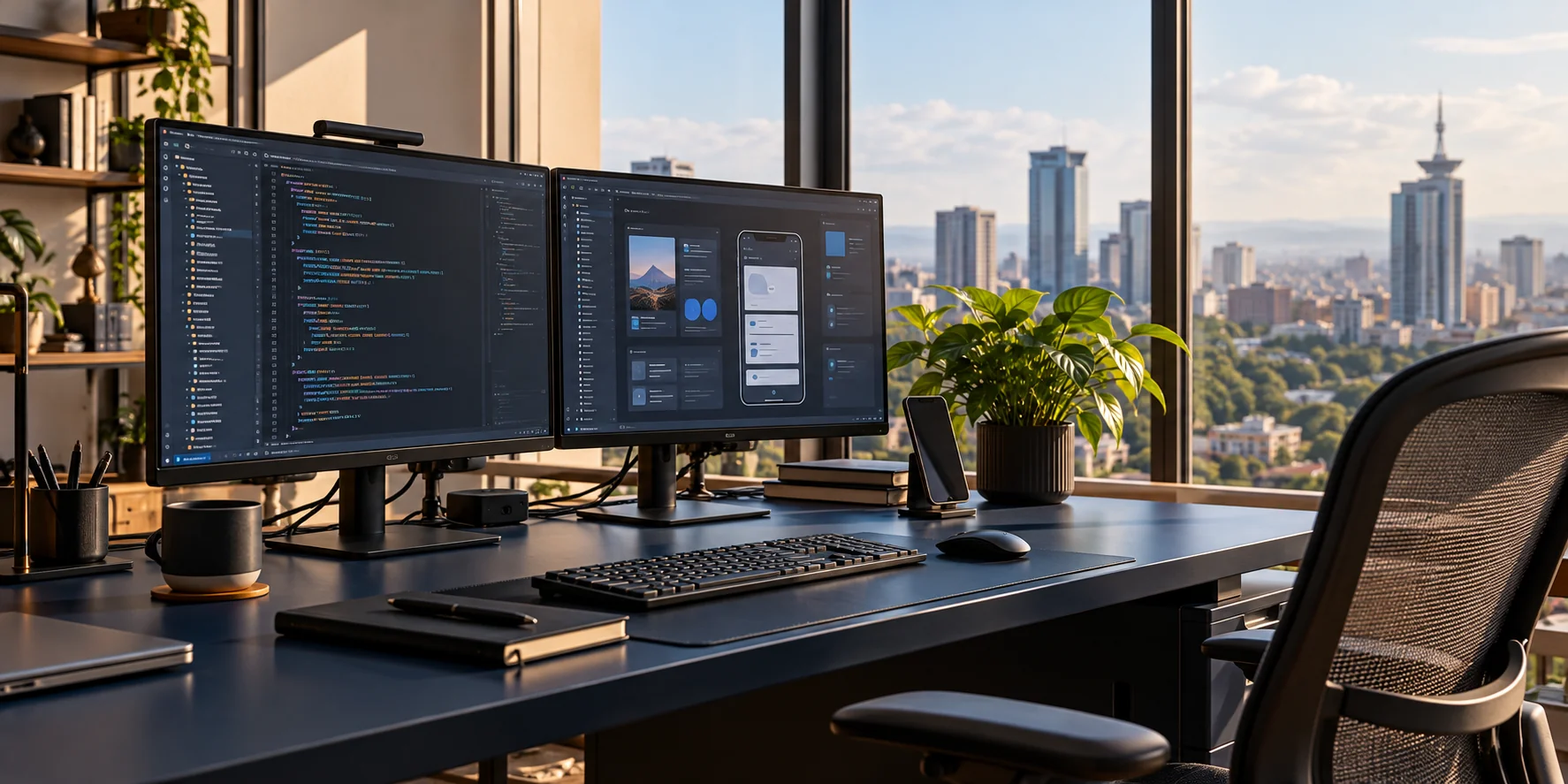 Generated concept of a modern software engineering workspace; not Creative Ground Tech premises.